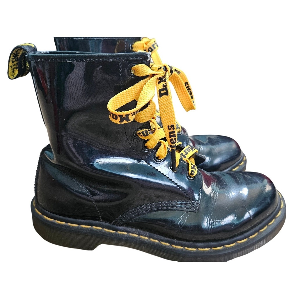 Dr. Martens Black Patent Leather Boots Yellow Logo Laces Women 8 Docs Punk Goth